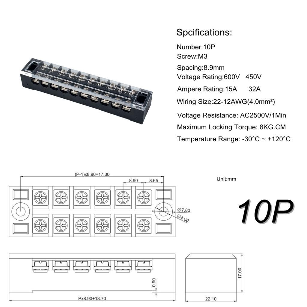 5Pcs 10 Digit Double Row Screw Terminal Block Terminal Protectors