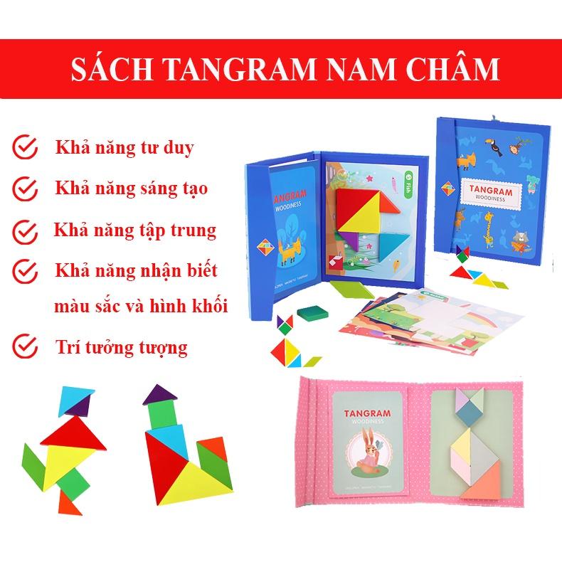 Đồ chơi Xếp hình gỗ Tangram nam châm có kèm sách cho bé, đồ chơi gỗ thông minh montessori