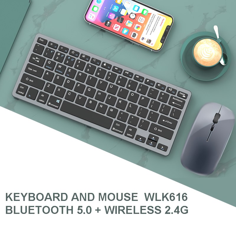 Bộ Bàn phím chuột không dây mini WLK616 - pin sạc - đa kết nối bluetooth 5.0 + 3.0 + Usb wireless 2.4G