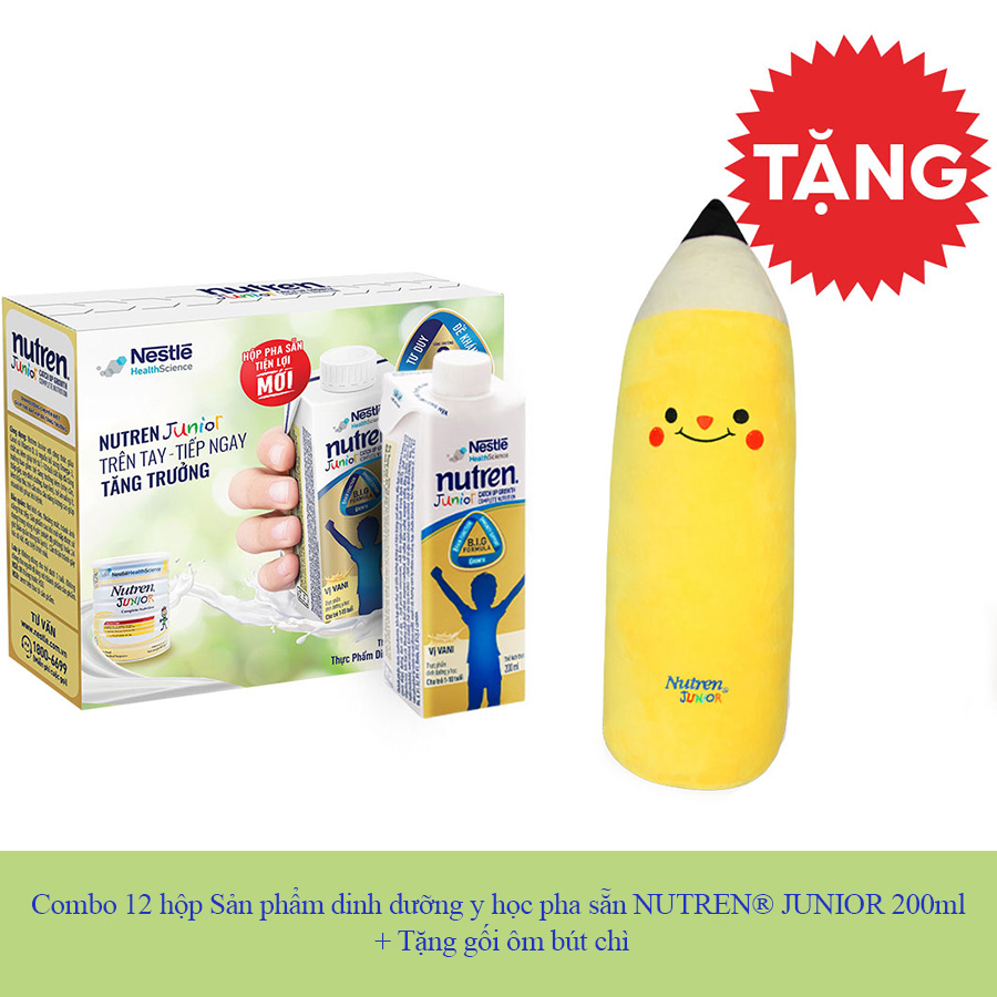 Combo 12 Hộp Sản Phẩm Dinh Dưỡng Y Học Pha Sẵn NUTREN JUNIOR 200ml + Tặng Gối Ôm Bút Chì