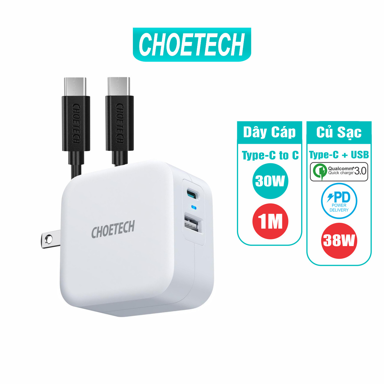 Bộ Củ Sạc CHOETECH QC 3.0 &amp; PD 3.0 38W PD5002-W + Cáp Type C to C 1M 45W CC0002-V2 - Hàng Chính Hãng