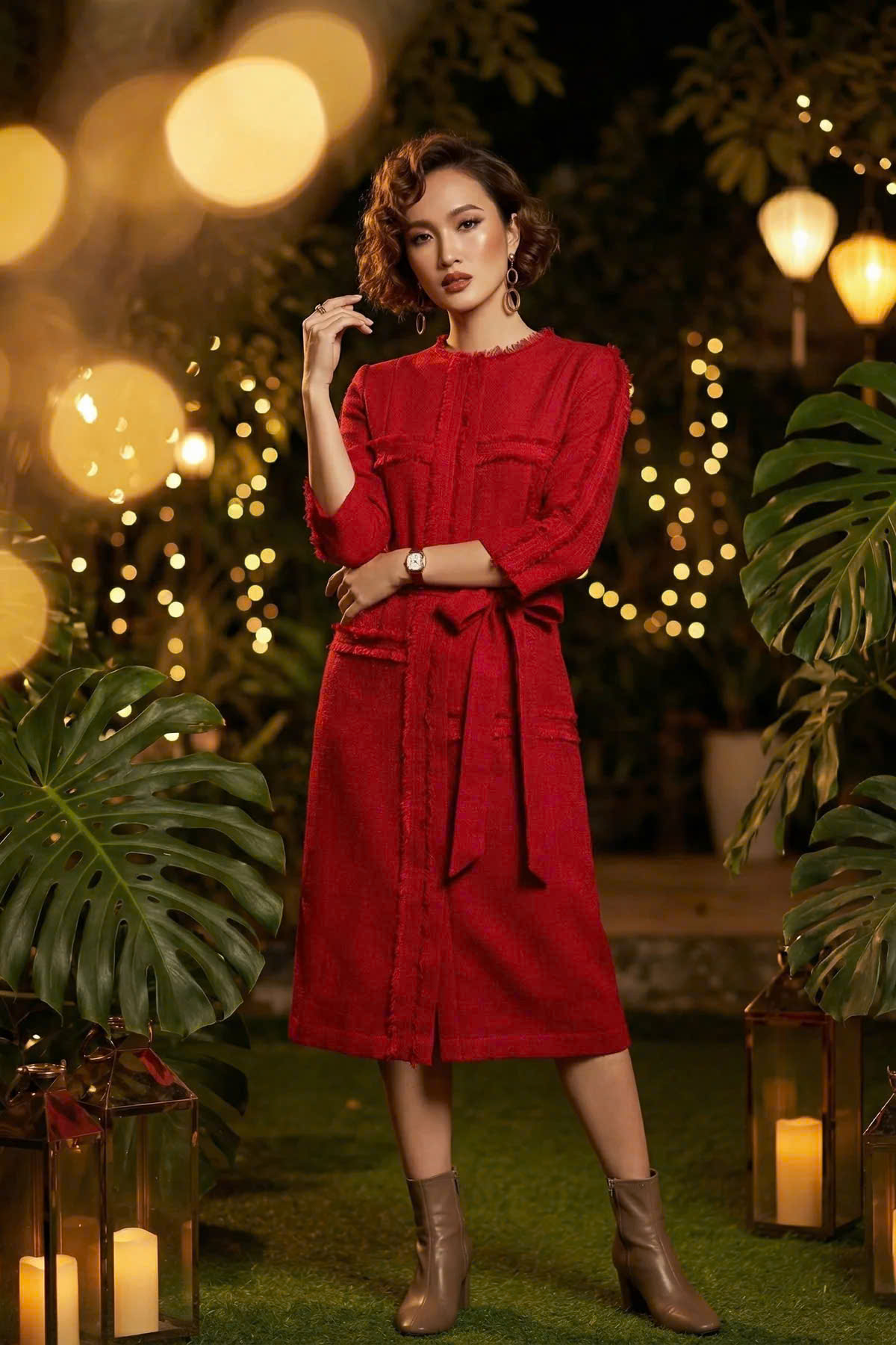 Đầm Suông Tua Rua Tweed Đỏ, Đầm Suông Thắt Eo Thanh Minh thời trang thiết kế Hity Dre201