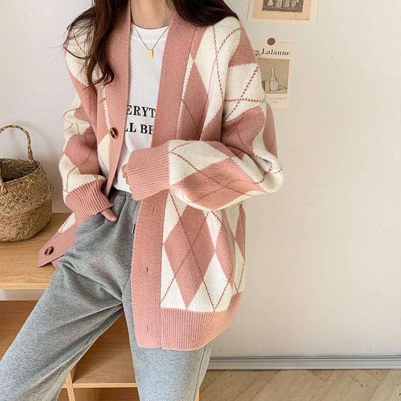 Khoác Len Cardigan | Áo Cardigan Len Thu Đông Cổ V Họa Tiết Hình Thoi Phong Cách Hàn Quốc, Thời Trang Ulzzang