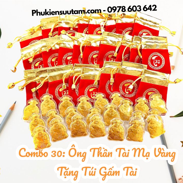 Combo 30 Ông Thần Tài Mạ Vàng Tặng Túi Gấm Tài, kích thước: 5cmx4cm, màu vàng - SP005962