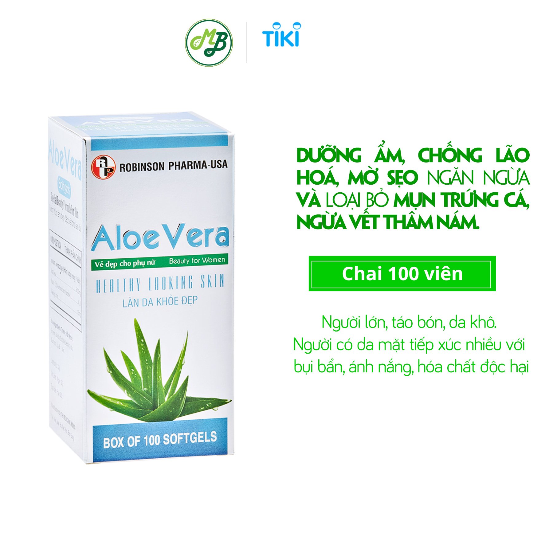 Thực phẩm chức năng viên uống đẹp da-giải độc-Aloe vera sữa ong chúa-nha đam-Robinson Pharma usa-chai 100 viên