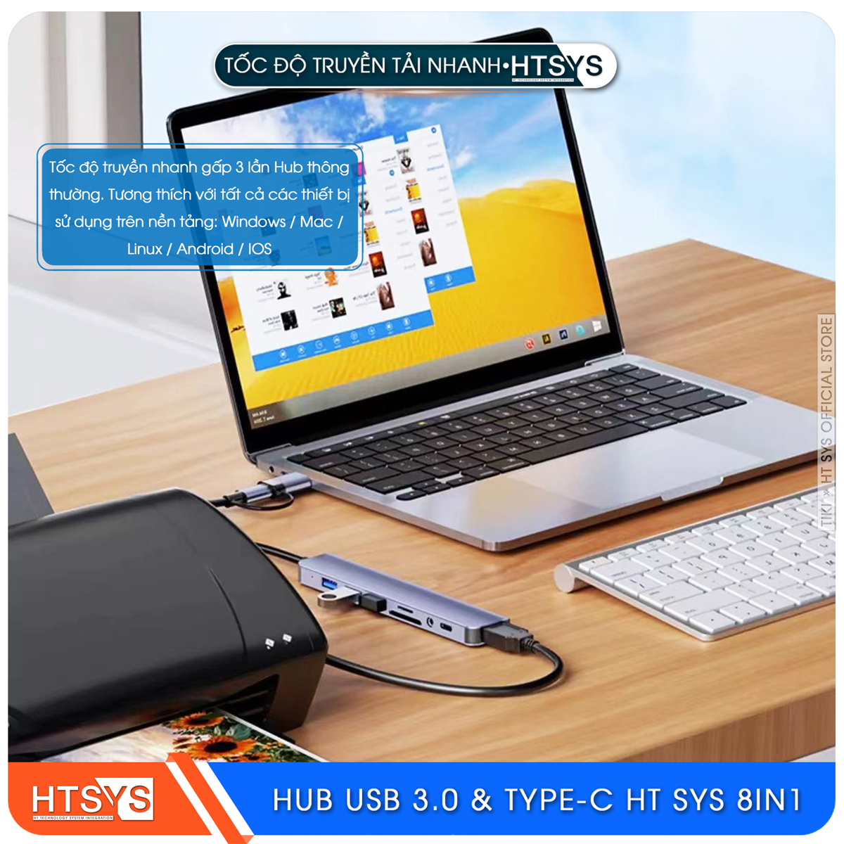 Hub Type C Và Hub USB HT SYS 8 in 1 To USB 3.0, SD, TF, USB C, Audio 3.5 - Hàng Chính Hãng
