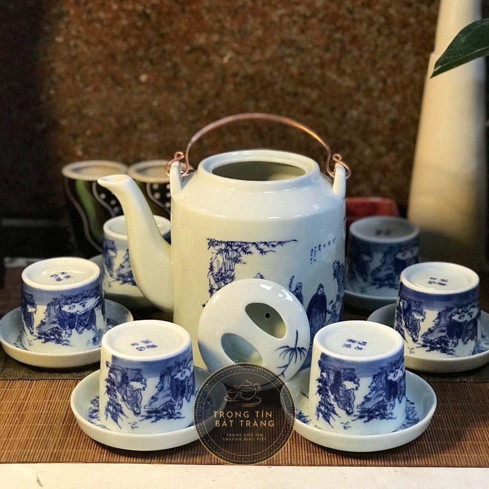 Bộ Ấm Chén Tích Trà Đạo Gốm Trắng Men Lam Bát Tràng Trúc Lâm Thất Hiền Dáng Tích Lan ATA 25