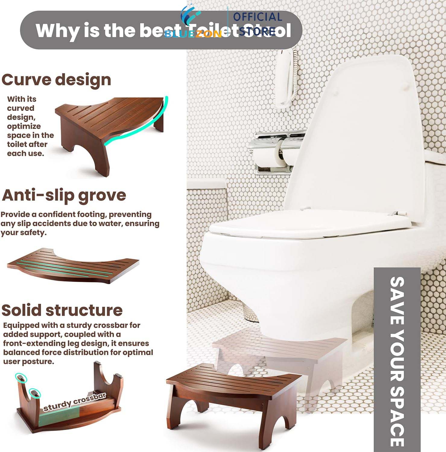 Ghế Kê Chân Toilet BLUEZON, Hỗ Trợ Đi Vệ Sinh, Chống Táo Bón, Ghế Gỗ Kê Chân Chống Trượt