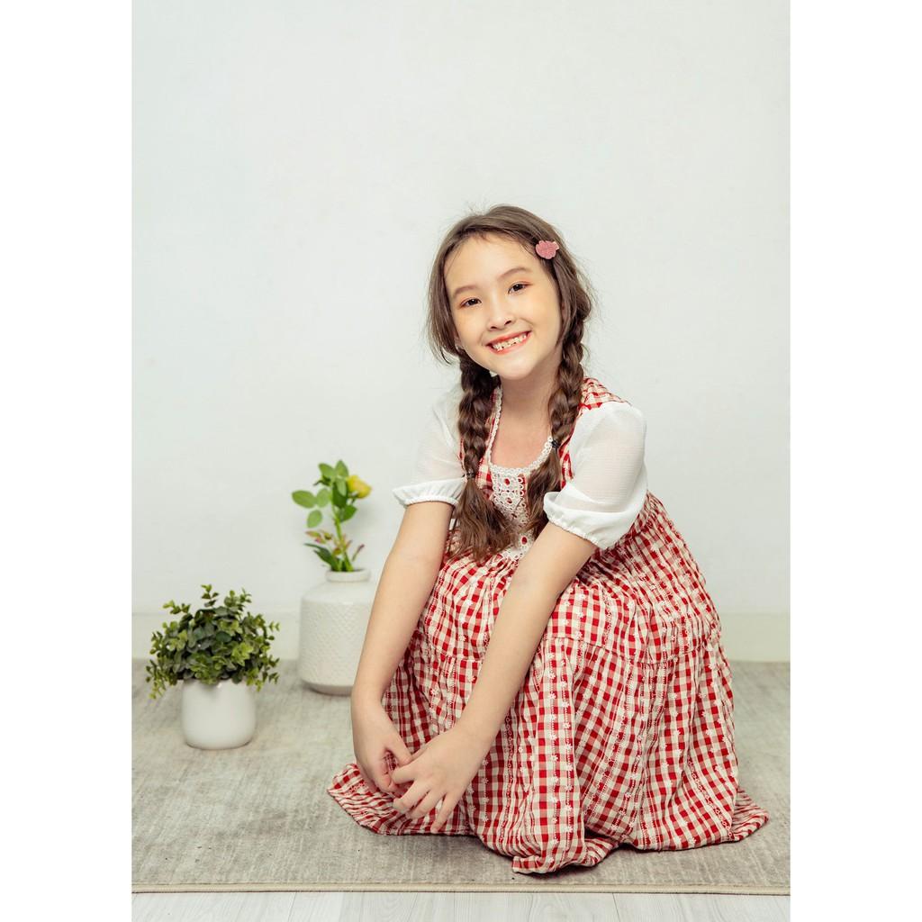 Váy đầm bé gái BYZU, vải cotton caro hoa nhí màu đỏ xinh xắn (Lian Dress)