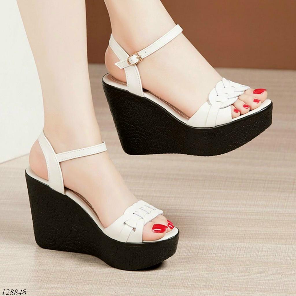 Giày sandal đế xuồng nữ 10cm,giày xăng-đan da quai ngang gót cao 10 phân nhiều màu siêu nhẹ