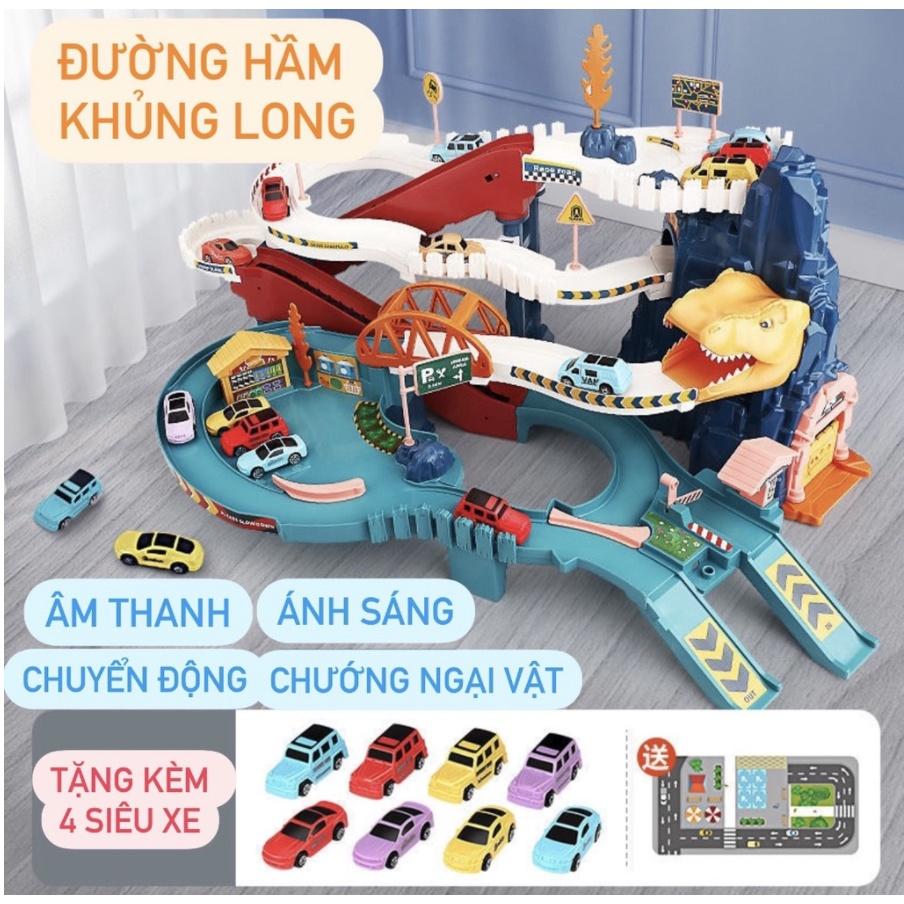 Xe ô tô đi kèm bộ đường hầm khủng long, garage 5 tầng, đường đua siêu tốc nhiều màu sắc