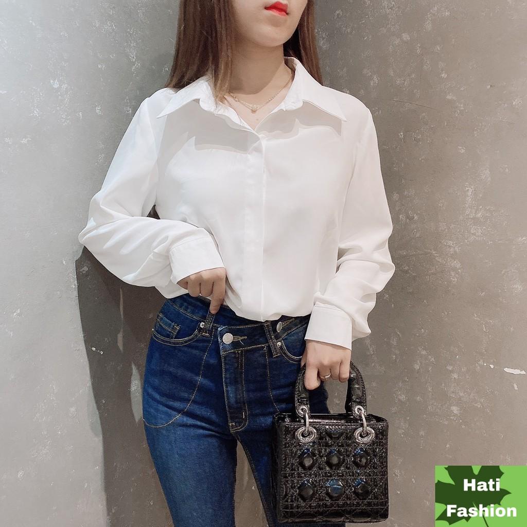 Áo Sơ Mi Lụa Hàn Công Sở Cổ Đức Nẹp Dấu Khuy Dài Tay Thiết Kế Hati Fashion