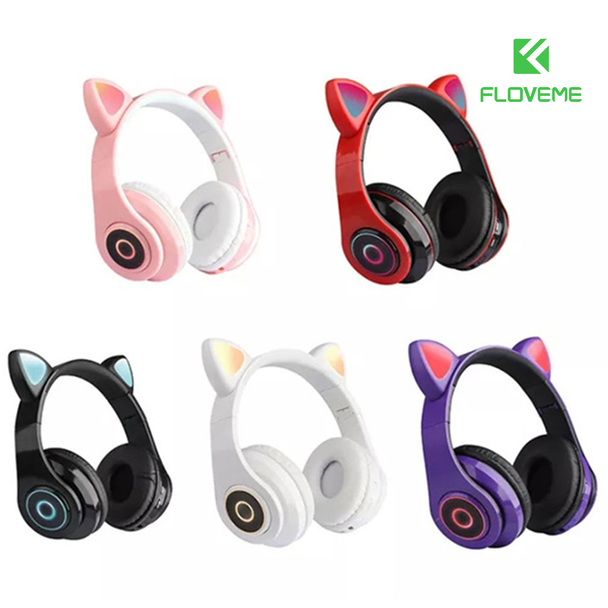 Tai Nghe Chụp Bluetooth Floveme BC3 Tai Mèo không dây Siêu Cute - Tích Hợp Đèn LED 7 Chế Độ Màu Rực Rỡ, Lọc Âm Thanh Ồn - Hàng Chính Hãng