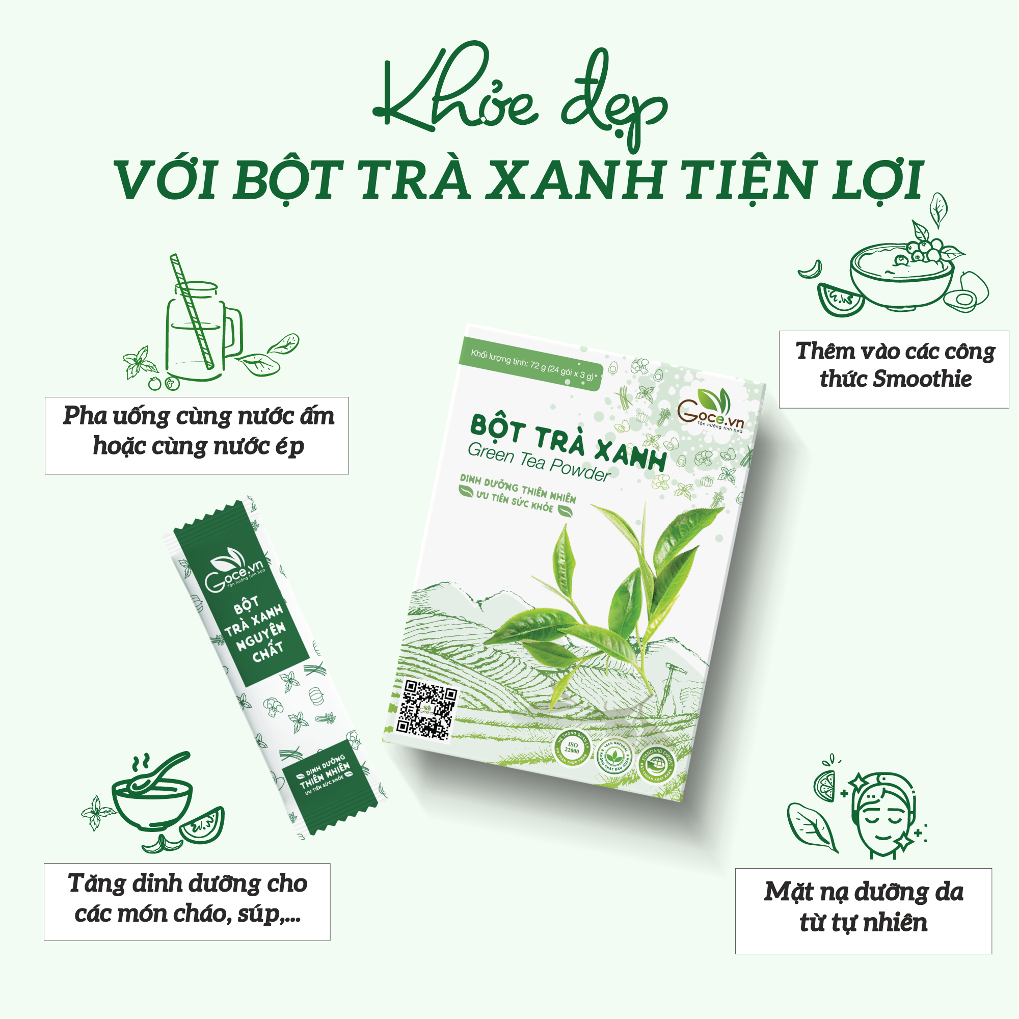 Bột trà xanh nguyên chất Goce - 72g (24 gói x 3g)