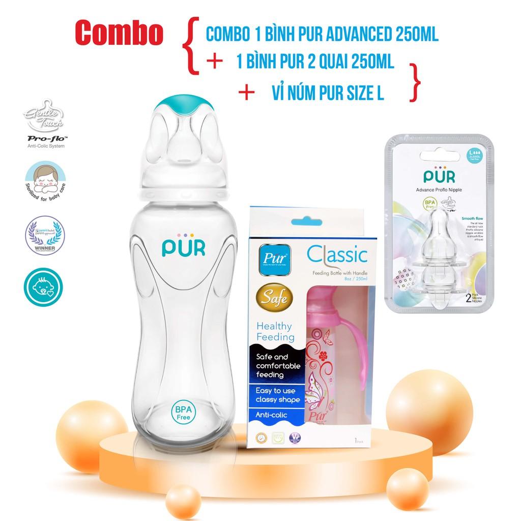 Combo 1 bình Pur Advanced 250ml + vỉ núm Pur size L + 1 bình Pur 2 quai 250ml