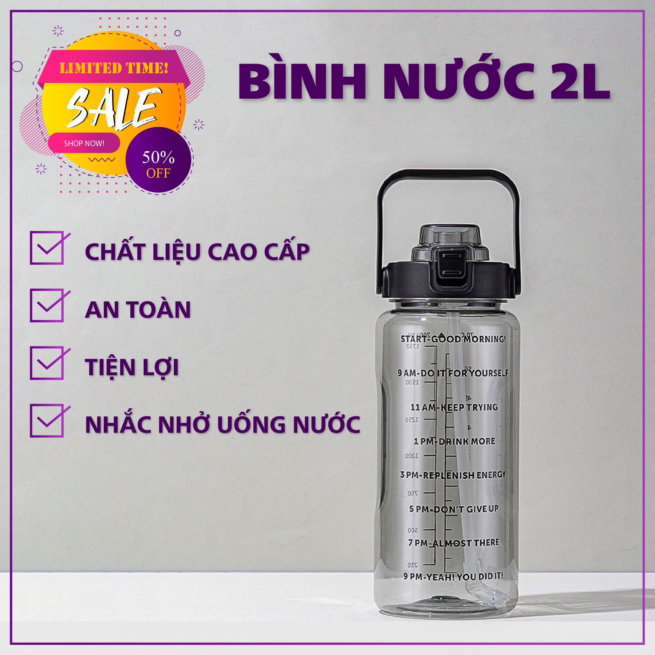 Bình Nước 2L 2000ML Cao Cấp Bình Đựng Nước Có Ống Hút