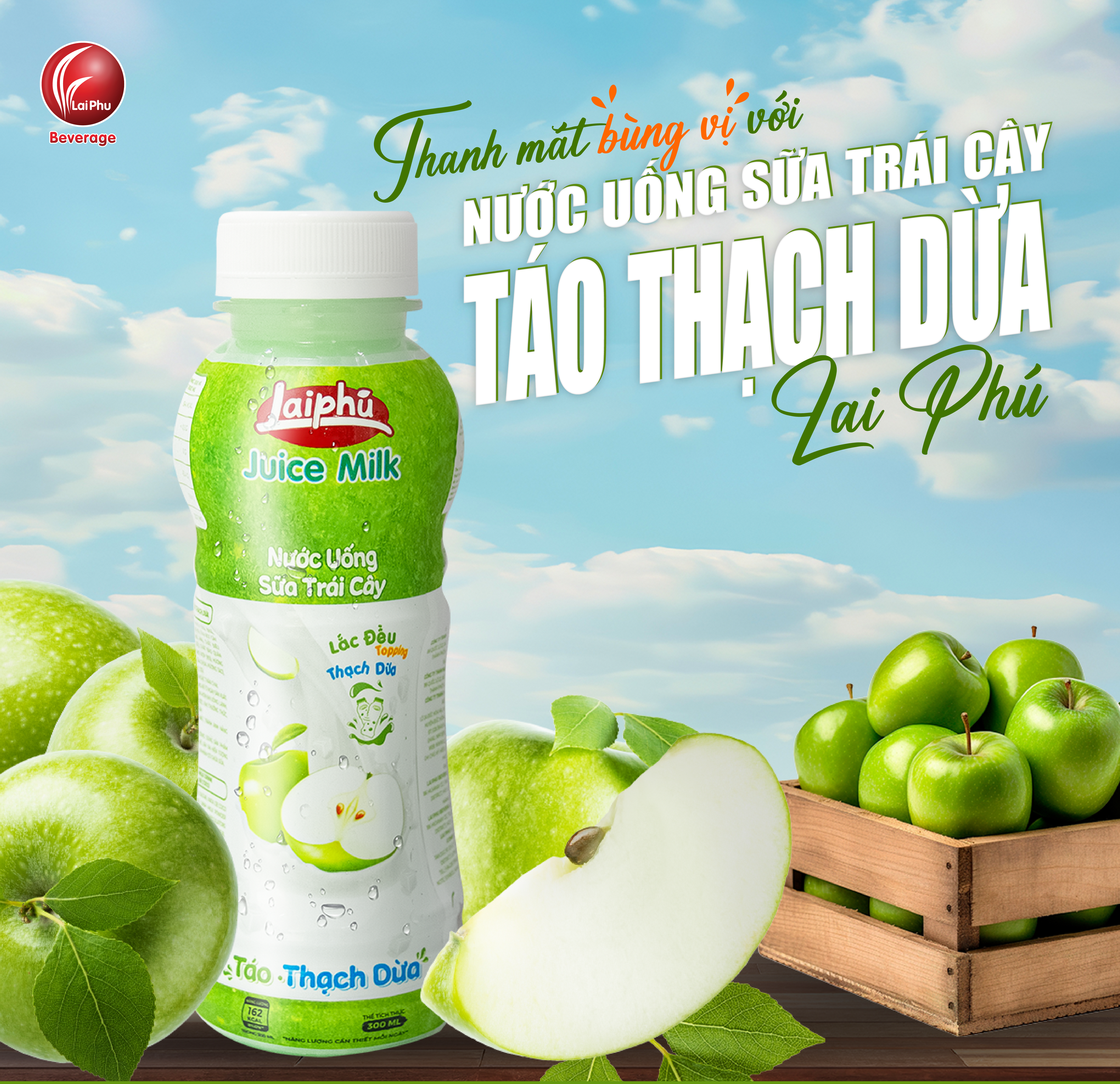 Sữa Trái Cây Táo Thạch Dừa Lai Phú Chai 300ml - Thùng 24 Chai
