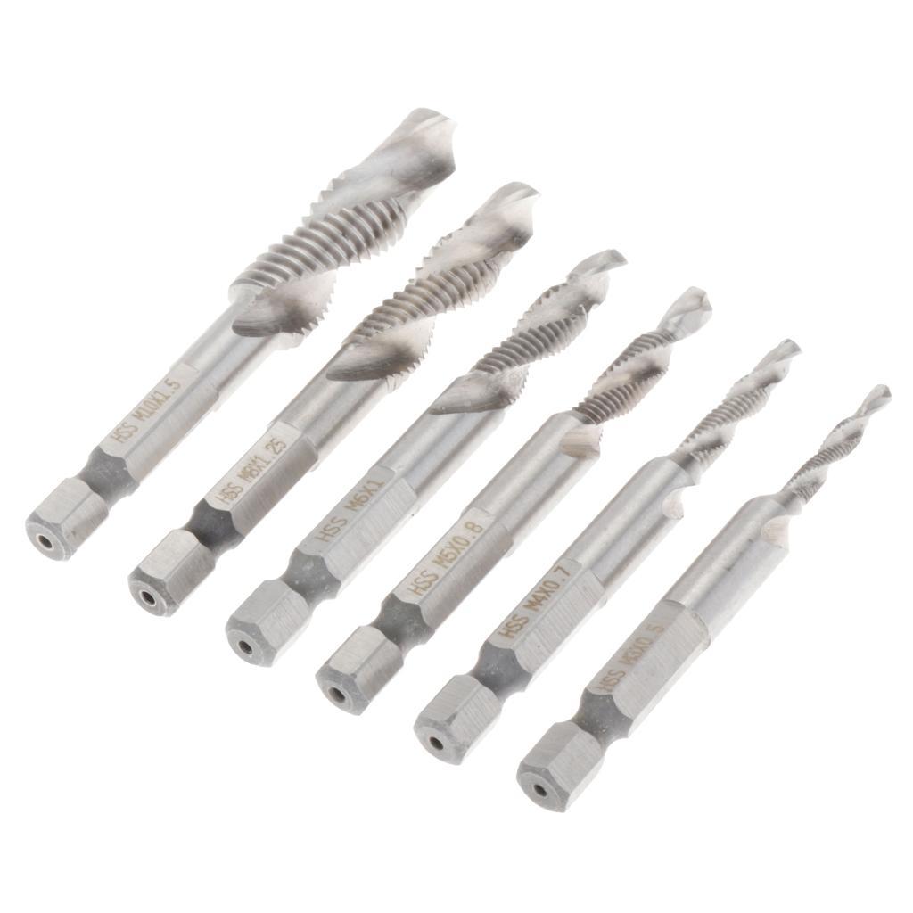 Set of 6 HSS Steel Combination Drill and Tap Bit Set with 1/4 inch Hex Shank - Metric M3 M4 M5 M6 M7 M8 M10