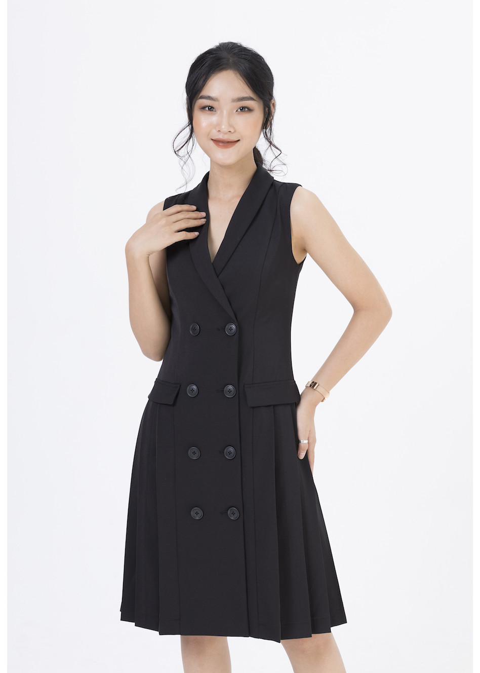 De Leah - Đầm Gile Xếp Li Đều - Đen