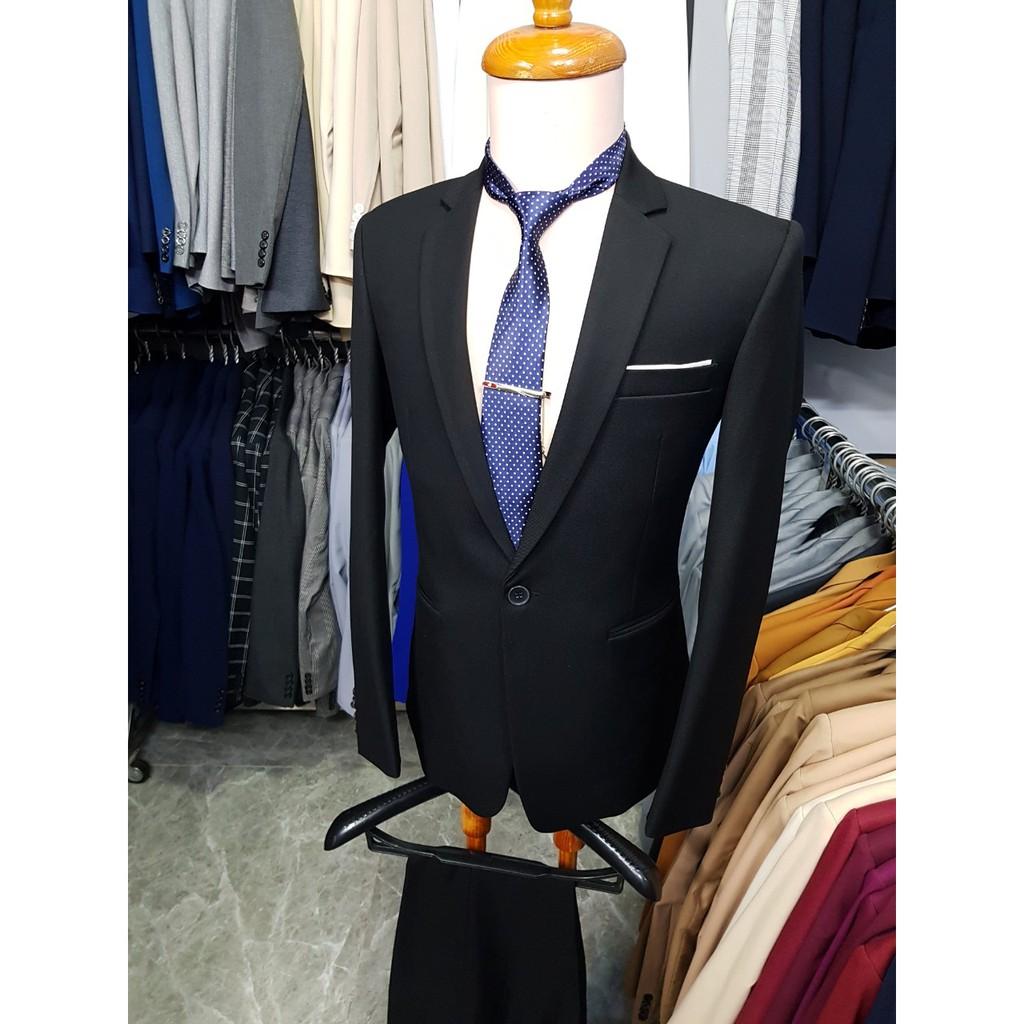 Bộ vest nam màu đen form ôm chất liệu vải bố cực dày mịn (áo+quần+cà vạt+nơ)
