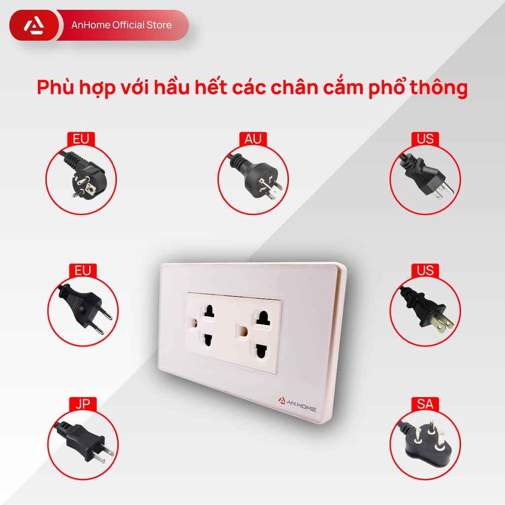 Ổ cắm điện mặt kính cường lực chữ nhật 3 chấu viền mạ Champagne AnHome GR-U3
