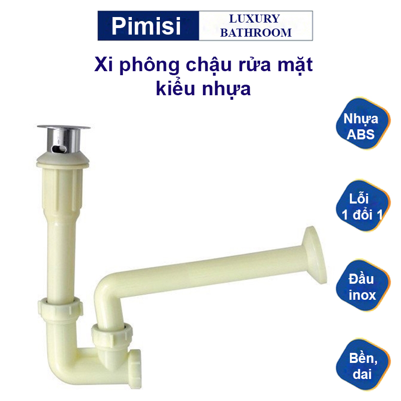 Xi phông chậu rửa mặt lavabo Pimisi mặt inox 304 lật thoát nước được làm bằng nhựa - inox - ống chun (sun) tùy chọn lắp đặt tất cả chậu phổ thông loại có lỗ thoát tràn | Hàng chính hãng