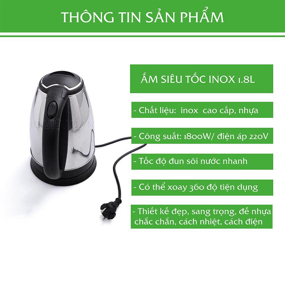 Ấm Đun Siêu Tốc Tiện Dụng, Dung Tích 1.8L, Inox Chống Gỉ Sét