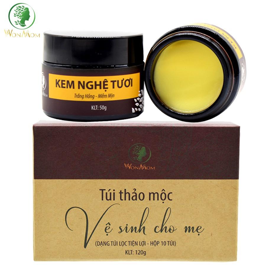 Combo chăm sóc cho mẹ Wonmom ( 1 Kem nghệ tươi 50g + 1 Hộp thảo mộc vệ sinh cho mẹ 10 túi/hộp)