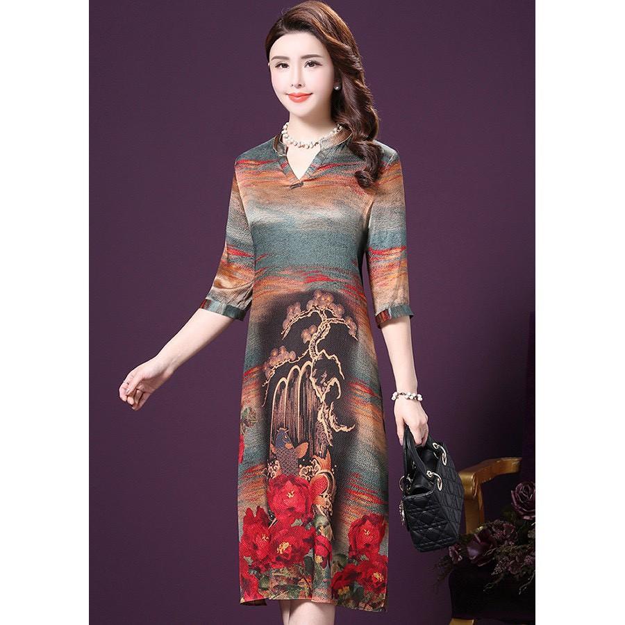 ️Có Big Size️Đầm Dự Tiệc Trung Niên Phối Họa Tiết Hoa Dáng Suông Sang Trọng Size S -> 4XL