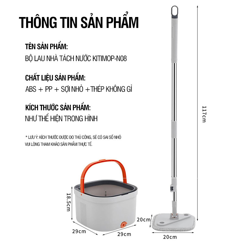 Bộ Cây Lau Nhà Tách Nước Bẩn KITIMOP N08 PRO - Thùng Lau Nhà Tự Vắt Thông Minh, Chổi Lau Nhà 360 Độ, Lau Sàn Làm Sạch