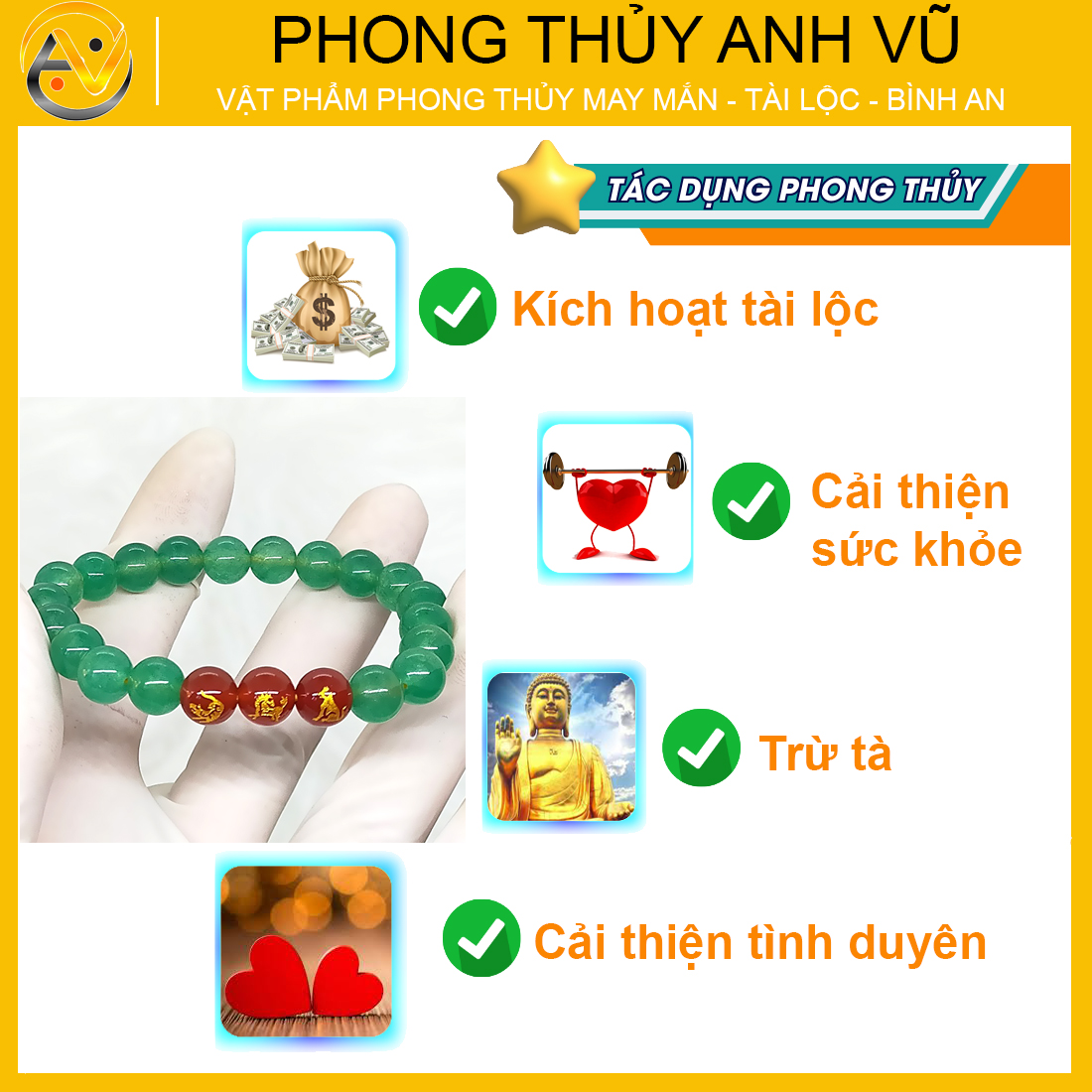 Vòng tam hợp quý nhân dần ngọ tuất đã khai quang - Vòng tay mã não xanh - Size 8 10ly cho nữ - May mắn tài lộc - Vòng Tam Hợp Anh Vũ