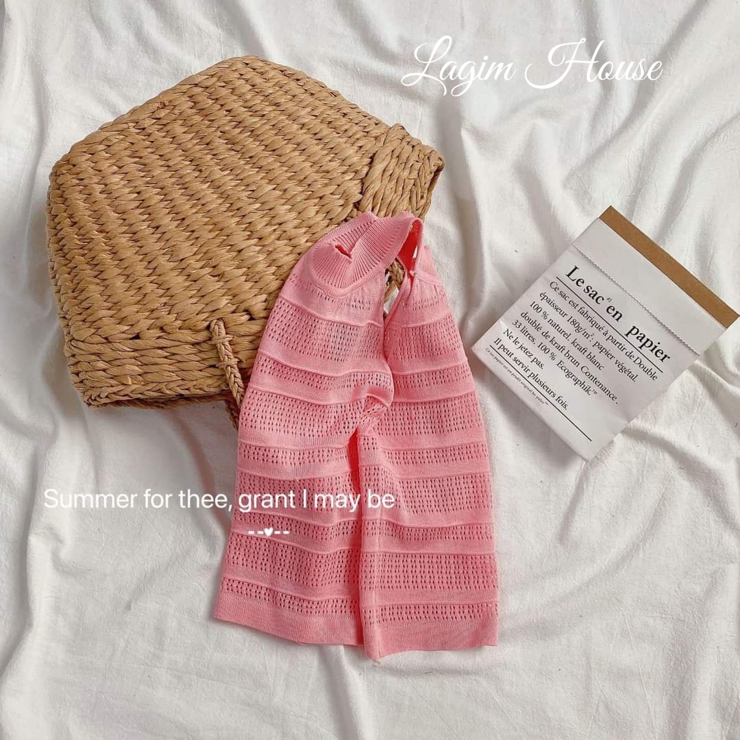 Áo thun ba lỗ cổ yếm mùa hè cho bé gái phong cách Hàn Quốc màu hồng ngọt ngào - Lagim House