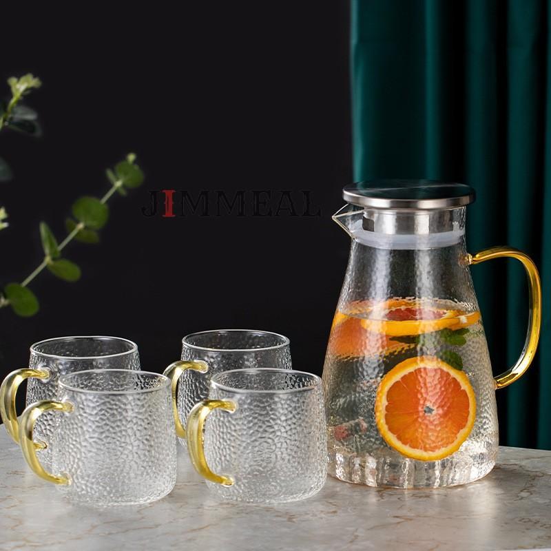 Bộ Bình Thủy Tinh Đựng Nước Chịu Nhiệt Nắp Inox 304 Vân Sần Phong Cách Nhật 1500ml