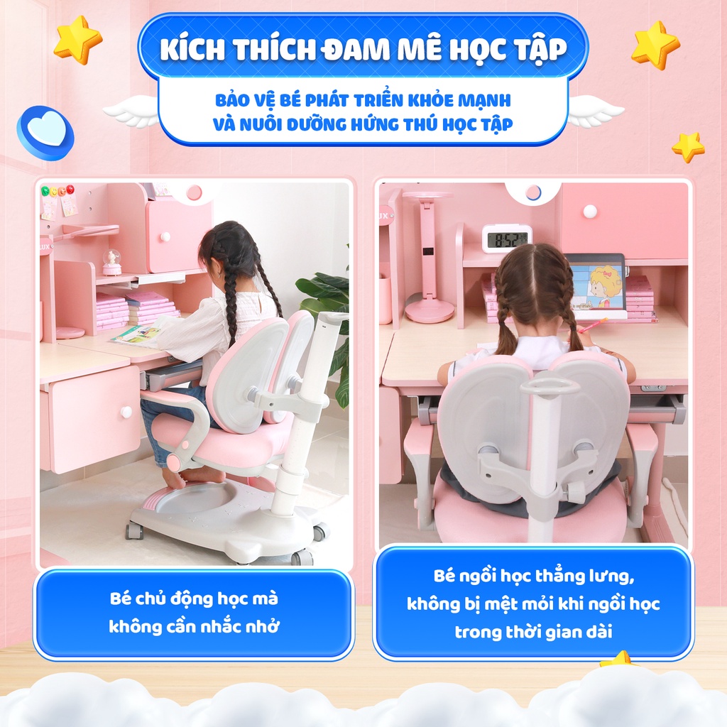 Bàn học cho bé thông minh Chilux Smart V cao cấp, chống gù, chống cận, tích hợp đèn chiếu sáng, đồng hồ báo giờ