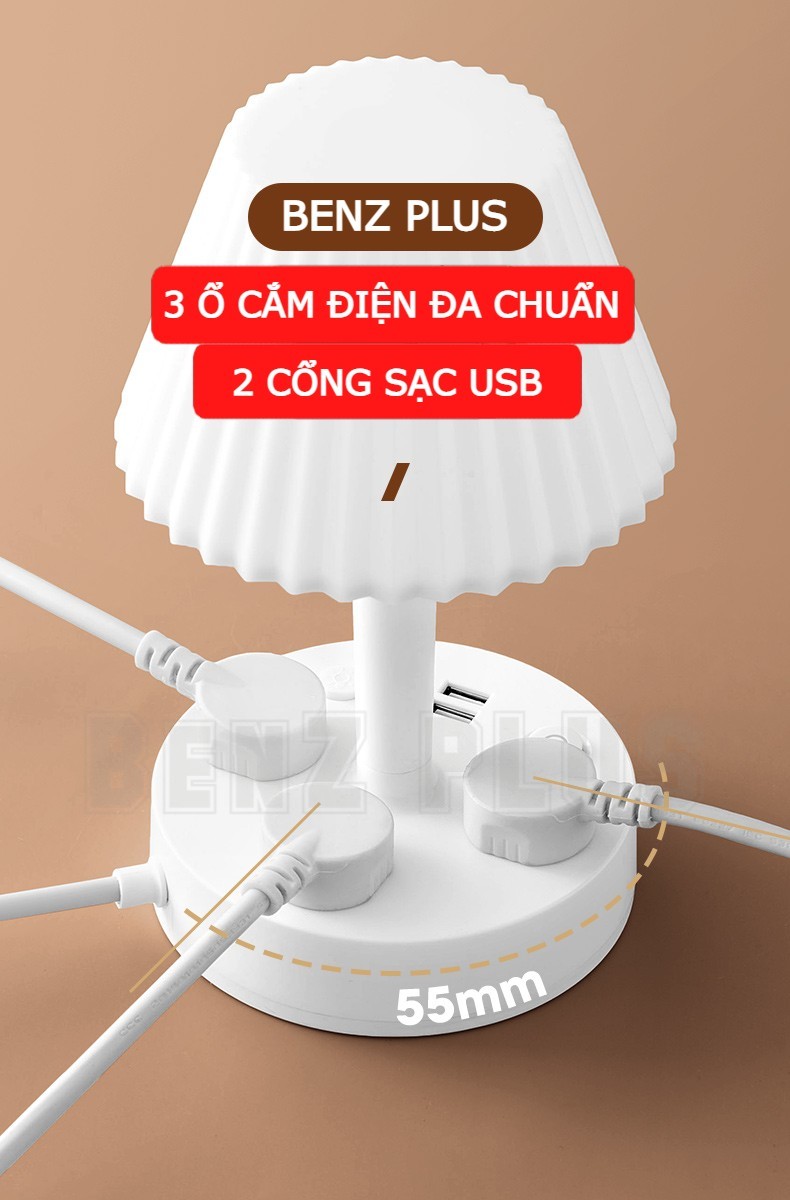 Đèn ngủ để bàn BENZ có 3 ổ cắm điện, 2 cổng sạc USB 5V/2A, chế độ sáng 3 màu phiên bản PREMIUM công suất tải 2500W