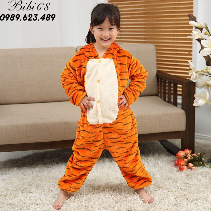 Bộ Đồ ngủ thú hổ vằn liền thân lông mịn Pijama Cho Người Lớn và Trẻ Em kiểu dáng Động Vật Hoạt Hình Cosplay