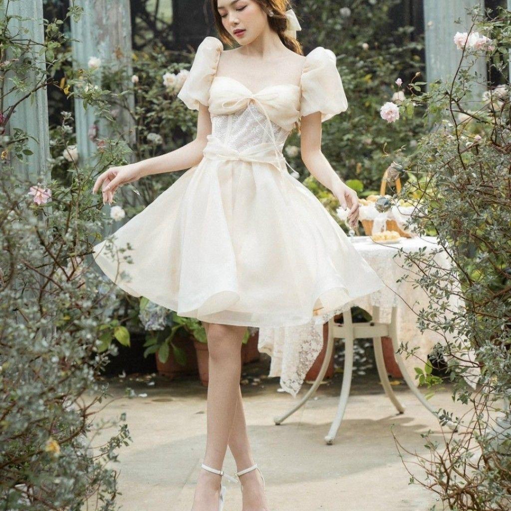 ĐẦM ĐI TIỆC TAY BỒNG PHỐI REN HOA