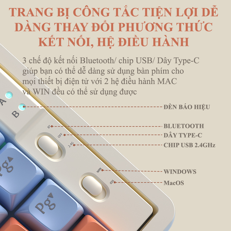 Bàn phím cơ không dây LANGTU GK85BT Golden Switch có hotswap với 3 chế độ kết nối BLUETOOTH/ Chip USB/ Dây Type-C kèm theo 19 chế độ đèn LED - Hàng Chính Hãng