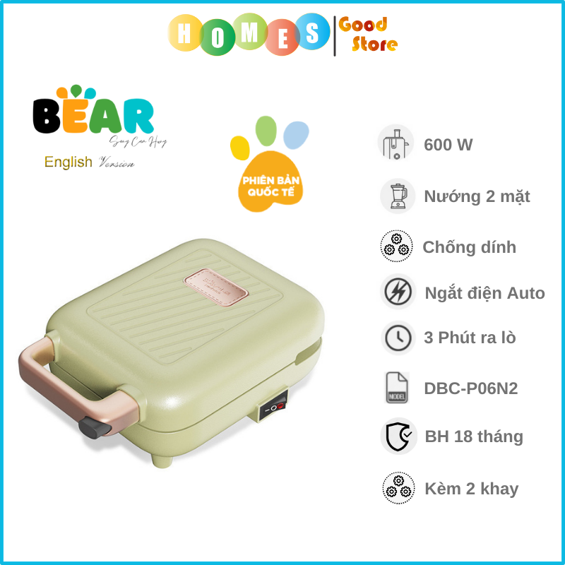 Máy Nướng Bánh Mỳ, Máy Kẹp Bánh Mỳ Sandwich-Waffle BEAR DBC-C06M1 Dung Tích 0.8 Lít, Công Suất 600 W - Hàng Chính Hãng