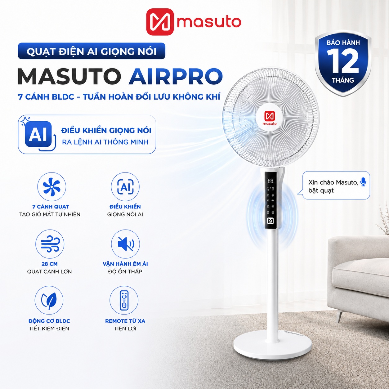 Quạt điện đứng thông minh AI Masuto Smart Air Pro cánh lớn 28cm, Điều khiển giọng nói Tiếng Việt, động cơ BLDC tiết kiệm điện, hẹn giờ 12 tiếng - Hàng chính hãng