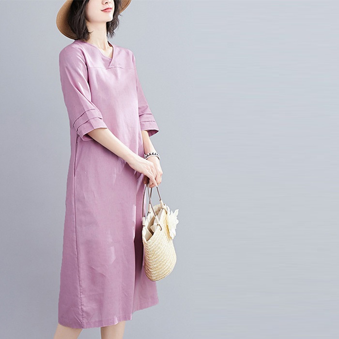 Đầm suông linen cổ tim chồng tay lỡ ArcticHunter, thời trang hè thu 2022 - Tím nhạt
