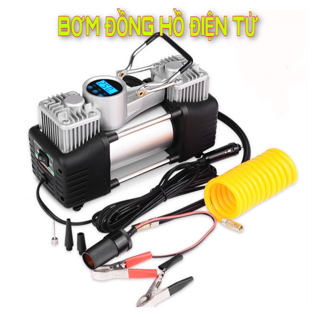 Bơm lốp xe ô tô 2 xi lanh công suất lớn 280W kèm hộp đựng dụng cụ - Máy Bơm Lốp Xe Hơi đồng hồ điện tử hiển thị áp suất lốp