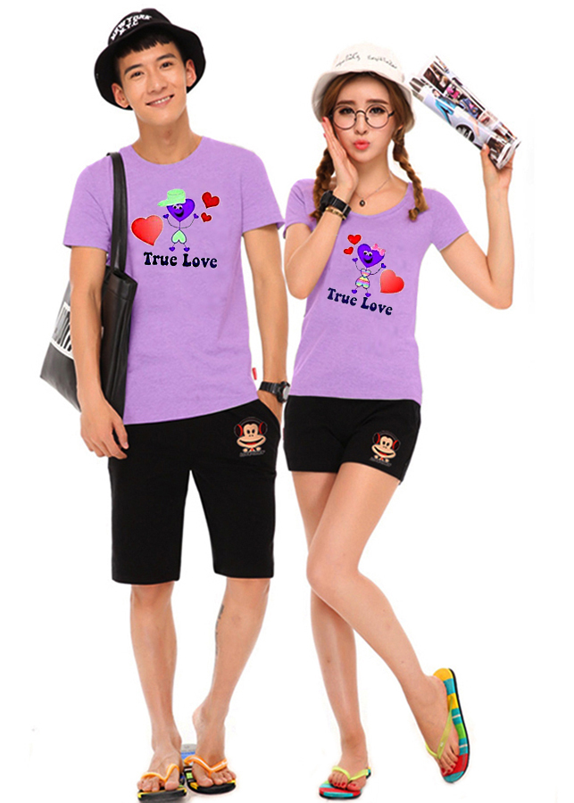 Bộ Áo Thun Đôi Nam Nữ True Love Màu Tím