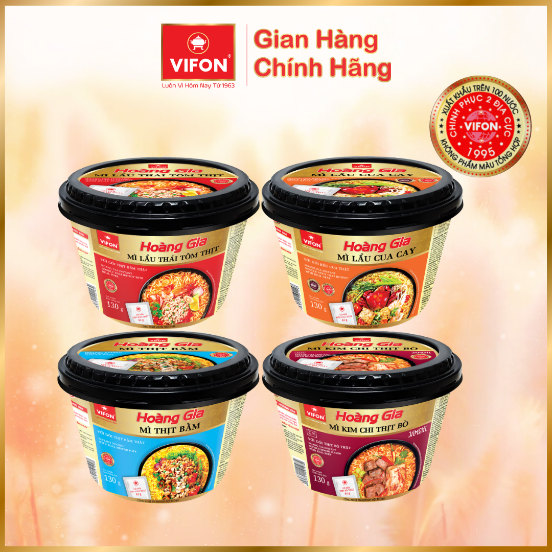 Thùng 12 Tô Mì HOÀNG GIA Kim Chi Thịt Bò/ Lẩu cua cay/ Thịt Bằm VIFON 130gr / Tô