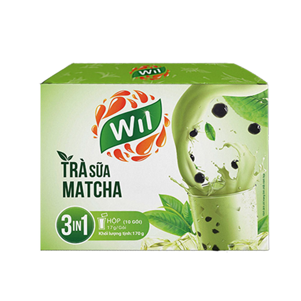 Trà sữa hòa tan matcha Wil 3 in 1 bổ sung năng lượng giải khát hộp 170g (10 gói x 17g)