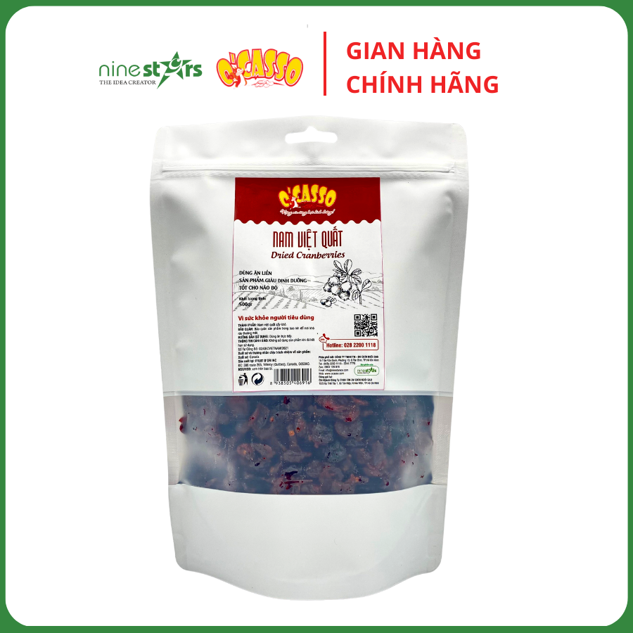 Nam Việt Quất sấy dẻo 100% nhập khẩu Canada _ thương hiệu O'Casso_có nhiều vitamin và các khoáng chất thiết yếu. Túi zip 250g