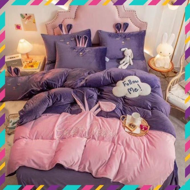 Bộ Chăn Ga Gối Nỉ Nhung Tai Thỏ Cao Cấp