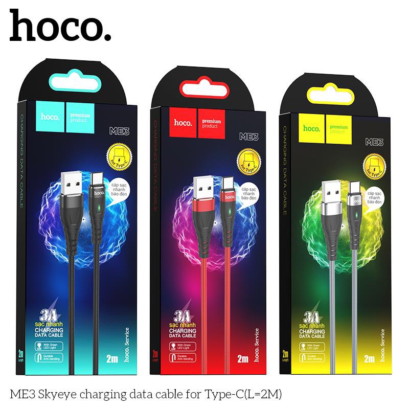 Cáp Sạc Dành Cho Hoco. Dây Dù ME3 3A Cho Type-C Có Led Dây Dài 2M Hàng Chính Hãng