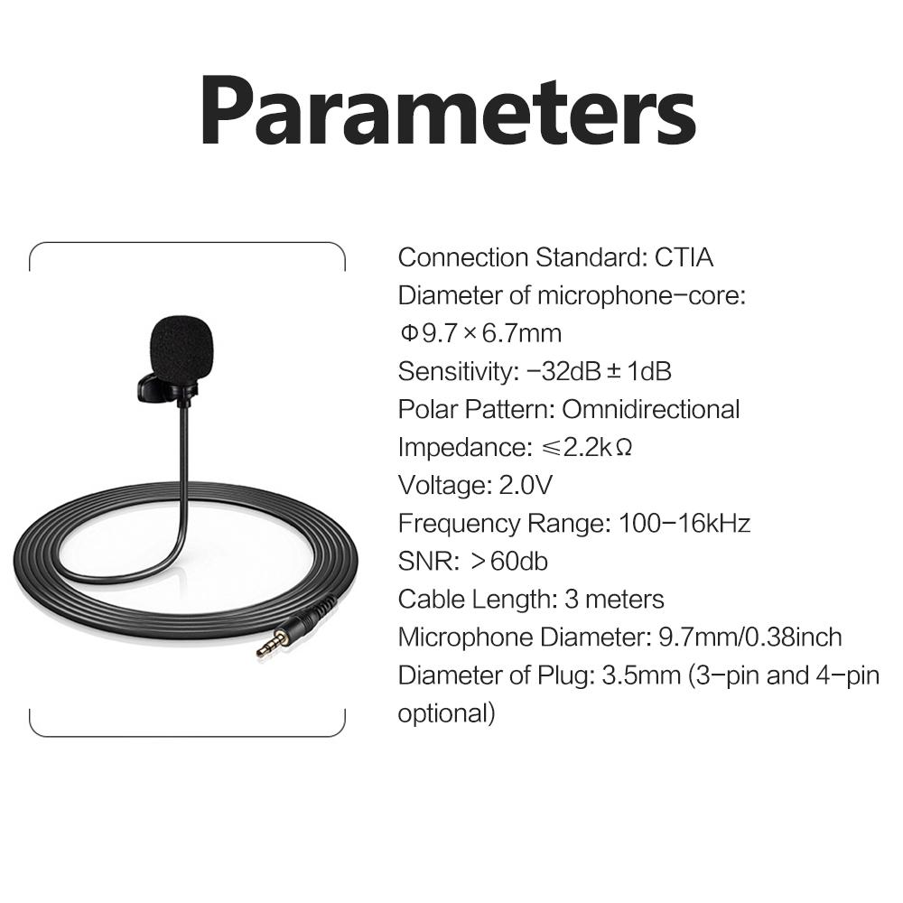 Micrô tụ điện Lavalier mini kẹp trên ve áo với 3,5mm Cáp 3 mét cho Trực tiếp