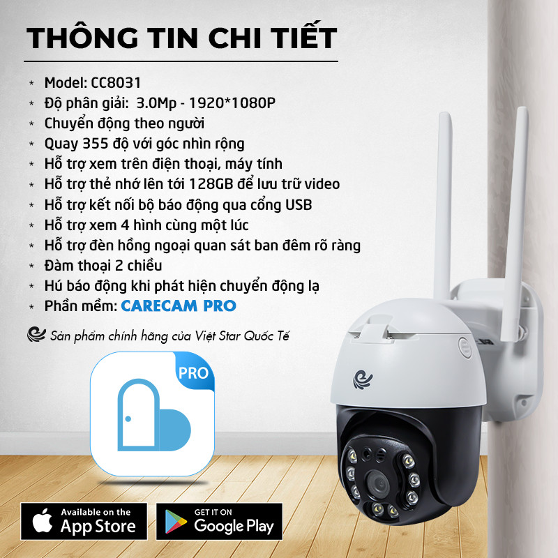 Camera Wifi Ngoài Trời Xoay 360 Chống Nước Việt Star Quốc Tế, 3.0 Mpx FULL HD - Hàng Chính Hãng